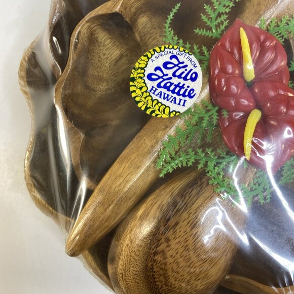 Hilo Hattie Wood Salad Bowl Set Hawaiian Tiki Luau Philippines Utensils New MCM - Picture 7 of 8